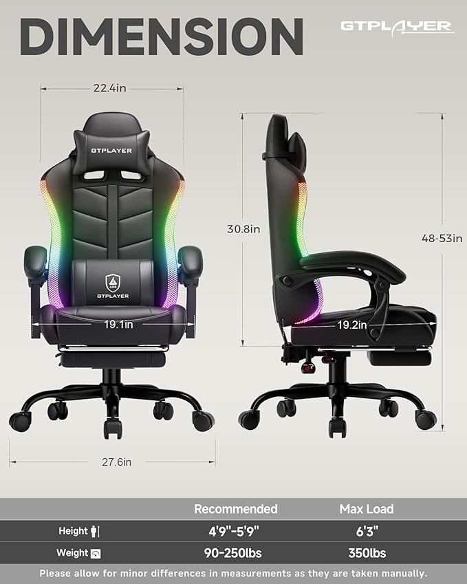 GTPLAYER Gaming Chair Ergonomic Computer Office Chairs for Adults with Footrest Height Adjustable Linkage Armrests 90-155° Recline &amp Headrest Lumbar Support RGB Black