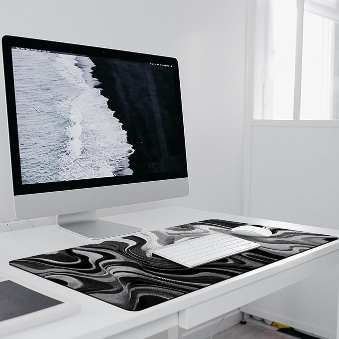 Abstract Art White Gray Gaming Mouse Pad Non-Slip Rubber Base 3XL Mousepad with Stitched EdgesWaterproof Washable Mouse Mat for Desk Home Office Gaming 35.5x16