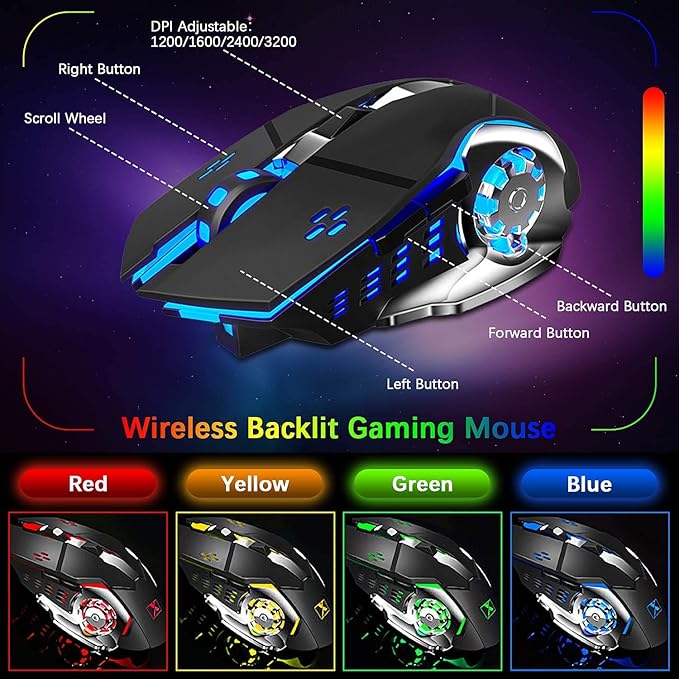 Wireless Gaming Keyboard and Mouse Combo with Rainbow LED Backlit Rechargeable 4800mAh Battery Metal Panel Mechanical Ergonomic Waterproof Dustproof 7Color Mute Mice for Computer PC Mac Gamer (Purple)