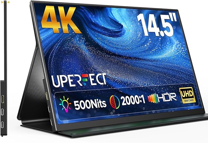 UPERFECT 4K Portable Monitor 14.5 UHD 3840x2400 Laptop Display with Smart Cover 16:10 Matte IPS Screen 100% sRGB 1.06 Billion Colors 500 Nits Brightness Metal Frame for PC/Mac/Phone