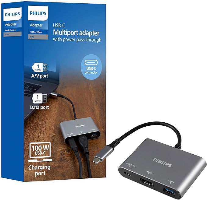 Philips USB C Hub to Multiport Adapter 3 in 1 Power Pass Through HDMI 4k@30Hz 60W USB C Charging Port 5Gbps USB 3.0 Port for MacBook Pro MacBook Air UCB C Laptop Docking Station DLK9220C/27