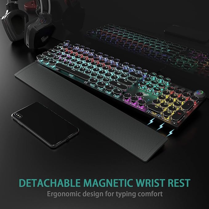 AULA F2088 Typewriter Style Mechanical Gaming Keyboard WiredBlue SwitchesRainbow LED BacklitRemovable Wrist RestMedia Control KnobRetro Punk Round KeycapsUSB Wired Computer Keyboard