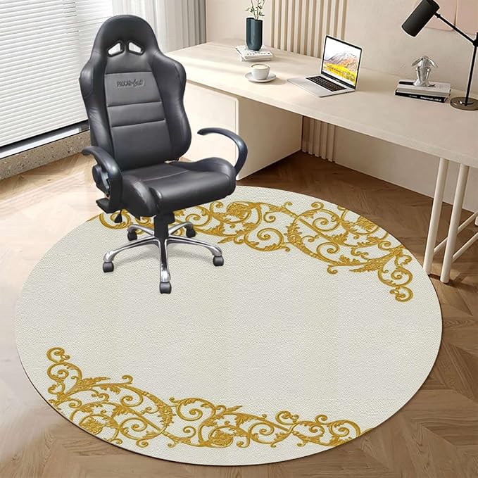 White Gold PU Leather Round Desk Chair Mat Curved Flower Lines Office Chair Mat for Hardwood Floors Premium Floor Protector Chair Mat Desk Rug for Home Office Baroque Side Frame Diameter 39.4 in