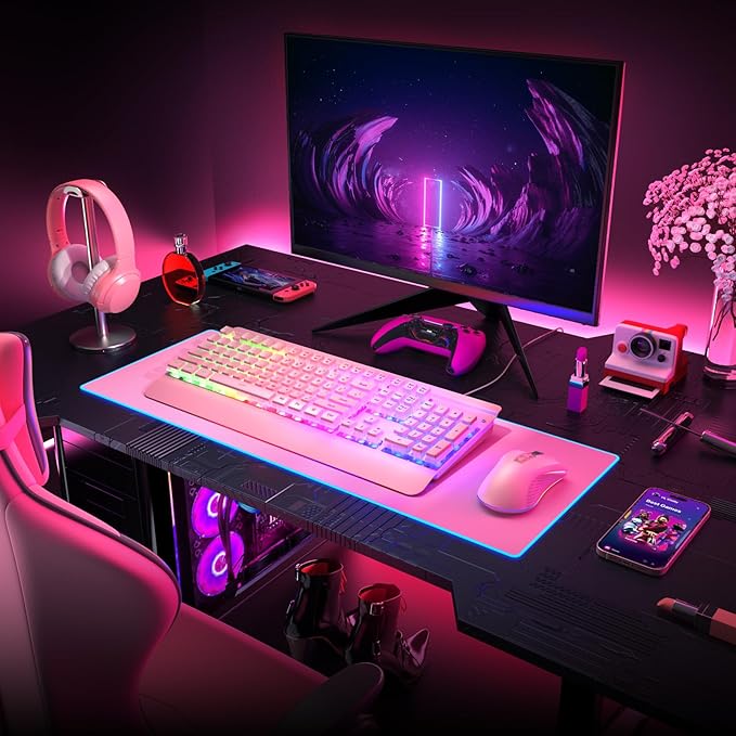 Pink Creamy Keyboard 104 Keys All-Metal Panel Rainbow LED Backlit Silent Gaming Keyboard Wrist Rest PBT Keycap Anti-ghosting Keys Light Up USB Wired Computer Keyboard for PC