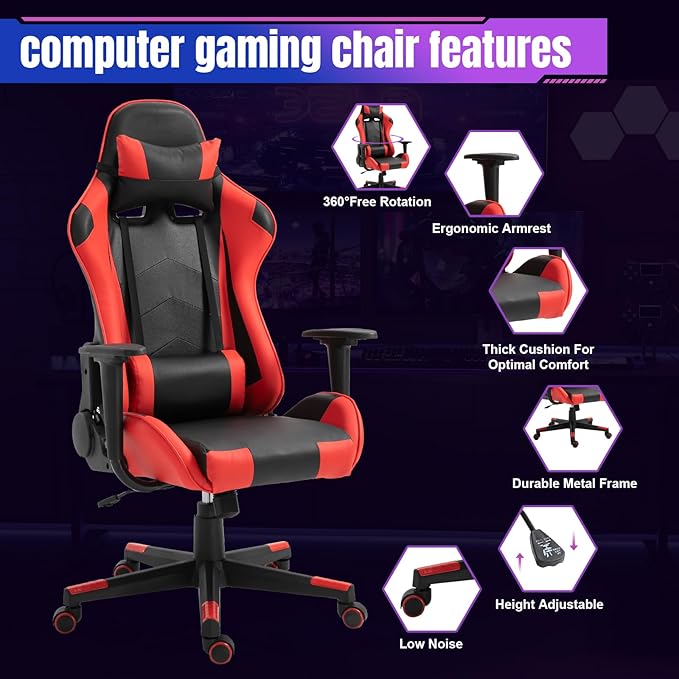 DIKEP Computer Gaming Desk Chair Video Game Chair with Footrest and Lumbar Support PU Leather High-Back Recliner Headrest and Height Adjustable w/ 360° Swivel Seat for Office and Home - Black &amp