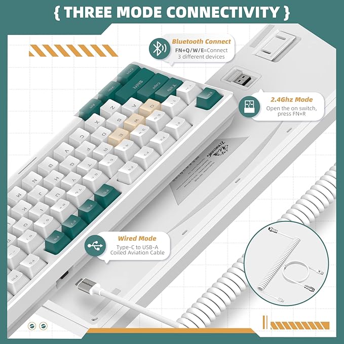 ZIYOU LANG K87 Wireless Gaming Mechanical Keyboard TKL 87 KeysTriple Mode 2.4GHz/BT 5.0/Coiled Keyboard Cable RGB Backlit Hot Swap Keyboard 3000mAh Battery Linear Yellow Switch for Win/Mac/Linux
