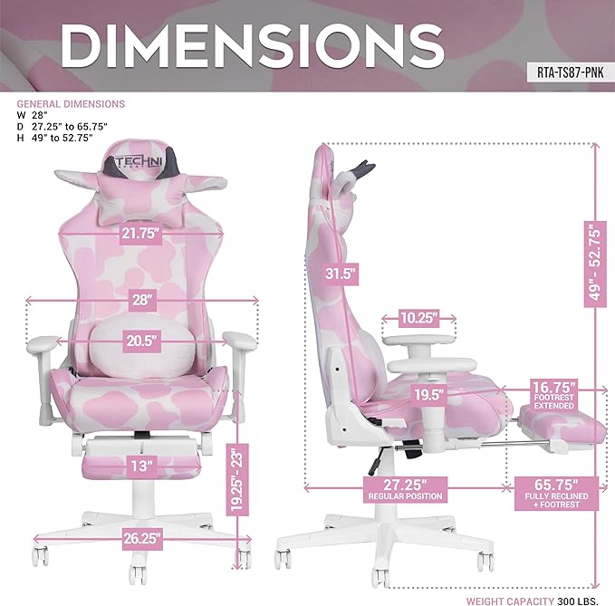 Techni Sport Gaming Chair - Pink Cow Print - Ergonomic Computer Chair with Fold-Away Footrest Memory Foam Lumbar Support Adjustable Armrests Reclining Back Horns &amp Ears Pillow 300 lbs Capaci