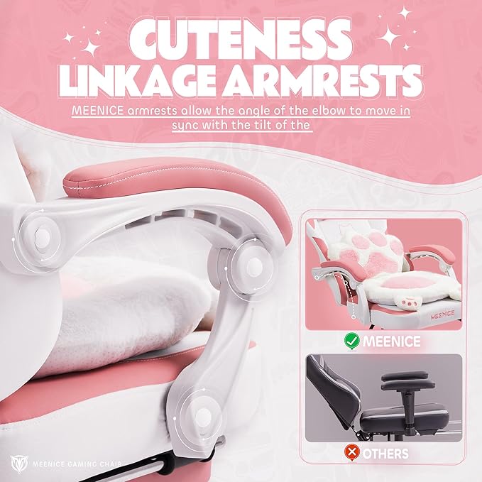 Pink Gaming Chair Cute with Cat Ears Paw Lumbar and CushionErgonomic Computer Chair with FootrestReclining PC Game Chair for Girl Computer Chair 300lbs for Adult