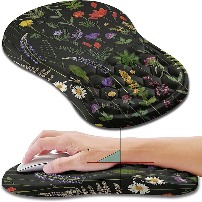 Hokafenle Ergonomic Mouse Pad Wrist Support Wrist Rest Mousepad for Carpal Tunnel Pain Relief with Integrated Memory Foam Slope Massage Bulge (11.8x7.9 inchFlowers