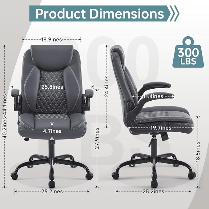 YFO Leather Office Chair Ergonomic Home Office Desk Chair Back Support Swivel Executive Office Chair with Wheels and Flip-Up Armrests Small Gaming Chair with Adjustable Rocking Function Grey