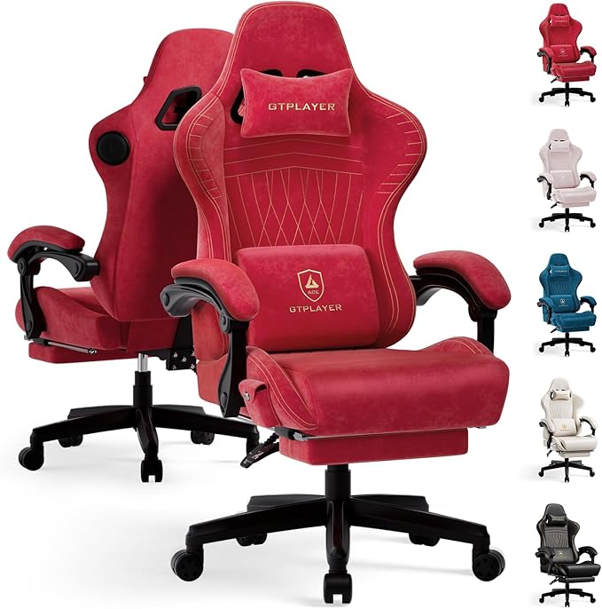 GTPLAYER ACE-PRO Music Gaming Chairs – Built-in Speakers App Support &amp Bluetooth Control Computer Game Chairs with Footrest for Adults Ergonomic Reclining Linkage Armrest Cherry Red 【Velvet】