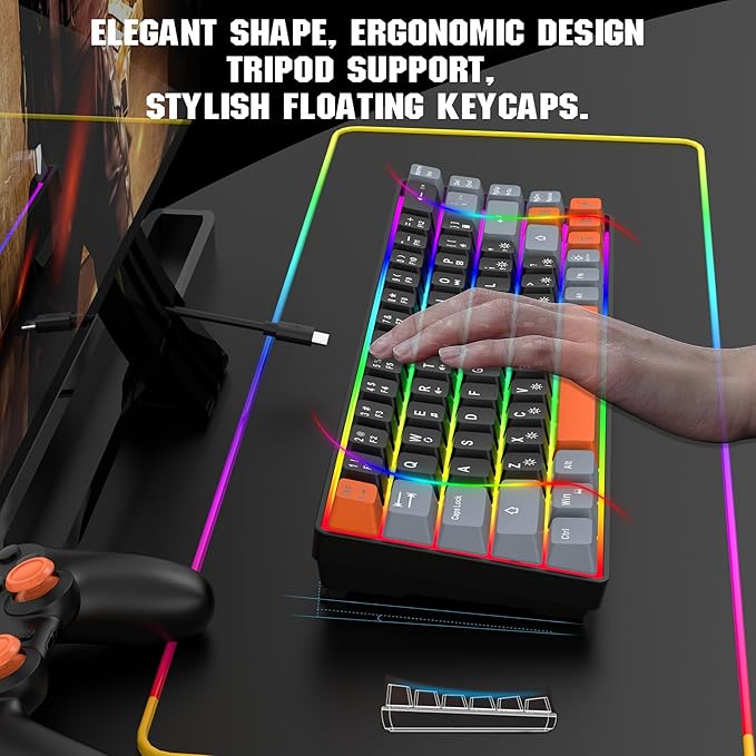 Snpurdiri 60% Percent Gaming Keyboard Compact RGB Backlit Small Gaming Keyboard for Windows PC Laptop (68 Keys Black-Grey-Orange)