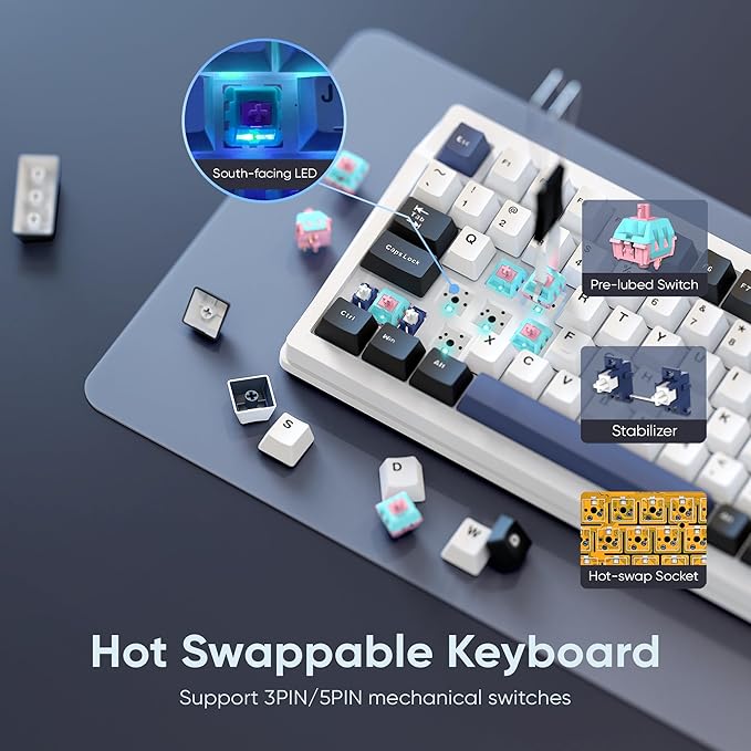 RedThunder K95 Wireless Mechanical Keyboard TFT Screen &amp Knob Tri-Mode BT5.0/2.4GHz/USB-C Hot Swappable Custom Pre-lubed Linear Switches Gasket Structure RGB Gaming Keyboard Snowy White-Blue
