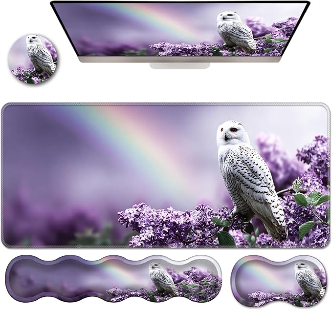 Ergonomic Keyboard Wrist Rest &amp Mouse Pad Wrist Rest SetXL Gaming Desk Mat 31.5x 11.8Non-Slip BaseMemory FoamEasy Typing Pain Relief for Office &amp HomeRainbow Floral Owl