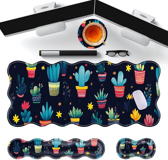 Large Gaming Mouse Pad Keyboard Wrist Rest Pad &amp Wrist Support Mousepad Set Stitched Edge Extended Non-Slip Base Memory Foam Desk Mat for Office HomeCute Cactus