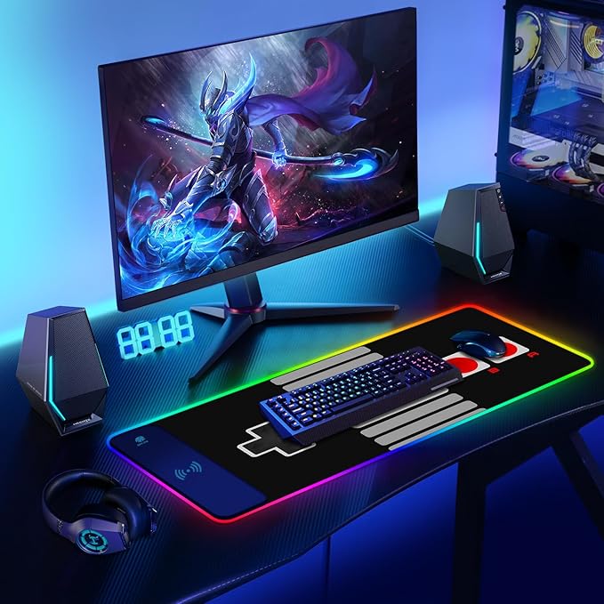 ToLuLu RGB Wireless Charging Gaming Mouse Pad 7.5/10/15W 10 Light Modes LED Mouse Pad Computer Keyboard Mat Mousepad 800x300x4MM Extended Large Big Desk Pad Desk Mat Game Console Buttons Black