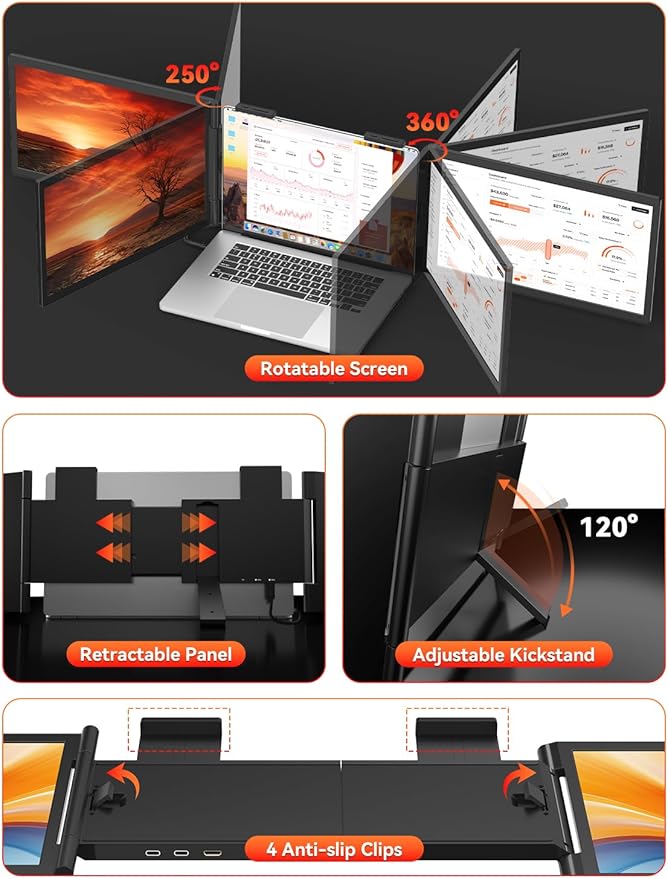 HotYeah Laptop Screen Extender One Cable Connection (Windows &amp Mac) 14 1080P Dual Portable Monitor USB-C HDMI Wireless Travel Extended Display Triple Screen Monitor for 12-16.5 Laptop
