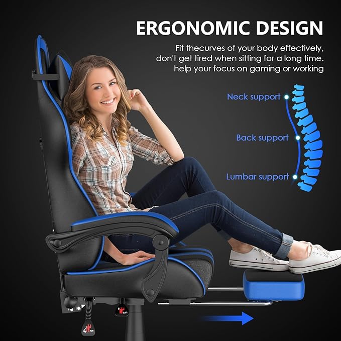 Huracan Gaming Chair with Footrest Adjustable Video Game Computer Chairs for Adults Reclining Backrest Office Desk Chair with Headrest and Lumba Pillow Blue