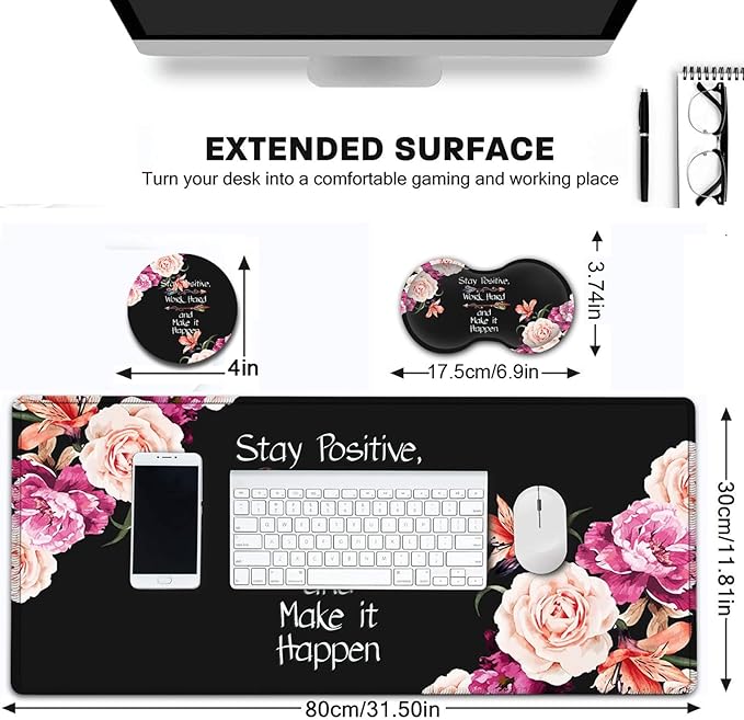 Desk PadExtended Large Mouse Pad with Stitched Edges (31.5X11.8In) Ergonomic Mouse Wrist Rest SupportWaterproof Computer Keyboard Mouse MatPeony Flower Quotes Pattern XXL Black Gaming Mouse Pad