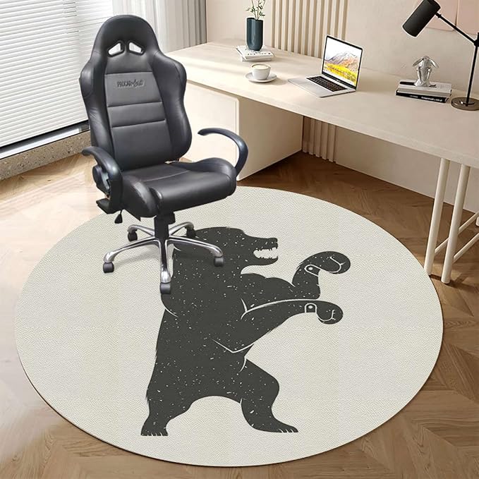 White Black PU Leather Computer Gaming Rolling Chair Mat Bear Fun Character Musician Heavy Duty Floor Mats for Computer Desk Easy Glide for Chairs Animal Diameter 47.2 in