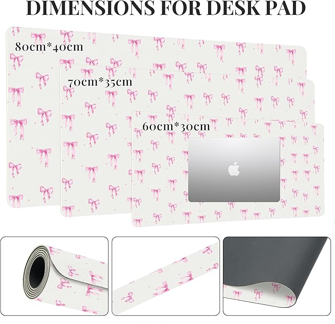Idocolors Pink Bows Desk Mat Cute Extended Gaming Keyboard Mouse Pad Large Office Desk Cover Mat Pad Deskmat Non-Slip Leather Home Office Desk Mat Protector 27.6x13.8
