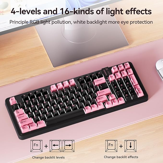 AUSDOM 98Pro Silent Wireless Mechanical Keyboard Tri-Mode BT/2.4G/USB-C Hot Swappable Custom Quiet Keyboard with Backlit Gasket Structure PBT KeycapsPre-lubed Tactile Switches(Black &amp Pink-Sil