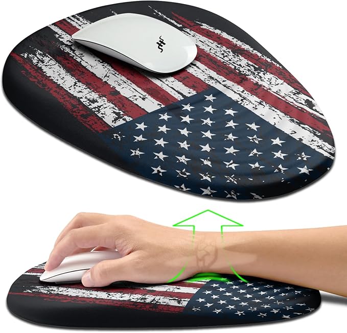 Hokafenle Ergonomic Mouse Pad Wrist Support Terraced Slope Carpal Tunnel Wrist Pad for Mouse with Unibody Memory Foam Wrist Rest Pain Relief Mousepad (US Flag 11.8x7.9 in)
