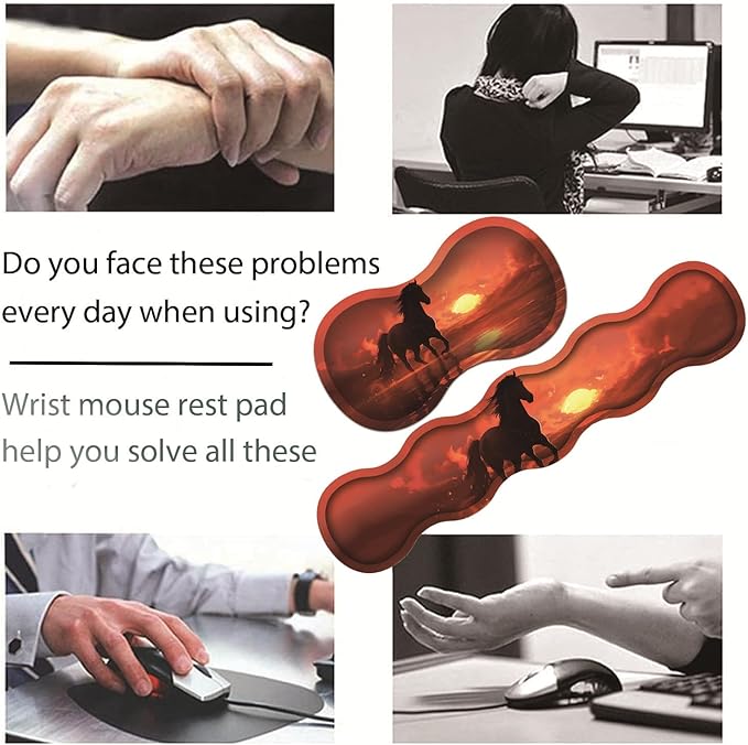 Large Gaming Table Pad 31.5 x 11.8 + Keyboard Wrist Pad + Mouse Wrist Pad + Coaster Non-Slip Base 4-in-1 Set Ergonomic Memory Foam Easy Typing Pain Relief Sunset Horse