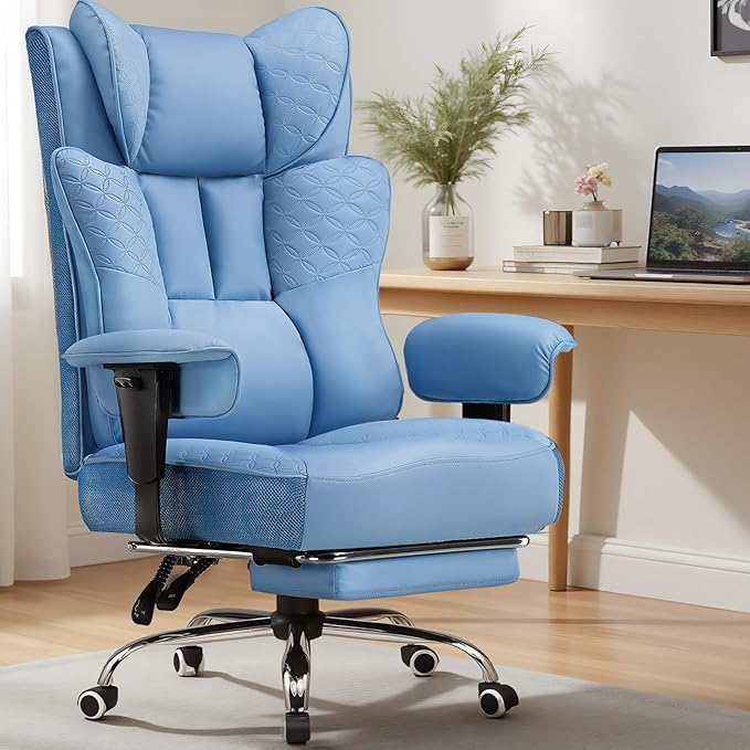 GTPLAYER Big and Tall Office Chair 400LBS Wide Ergonomic Gaming Chair with Deluxe Embossing Designed Leather with Foot Rest150°Reclining Adjustable Soft Armrests Pocket Spring Back Support and Pillow