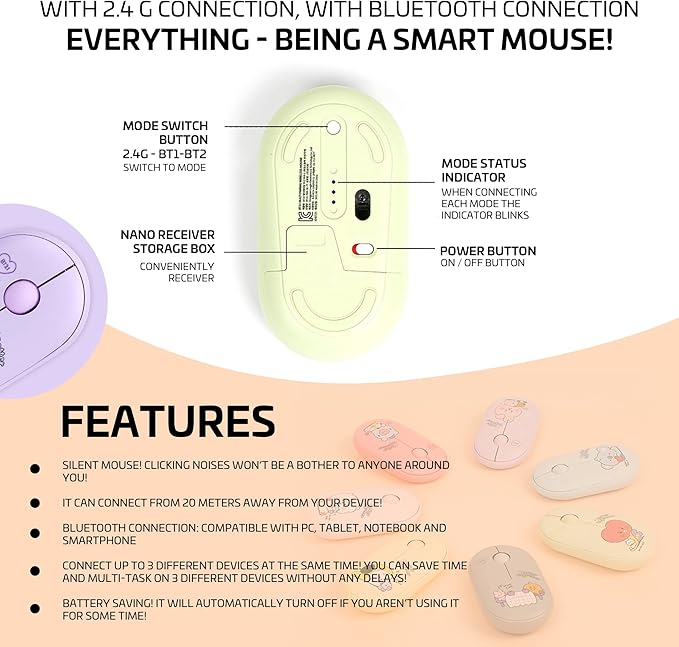 BTS Inspired Characters Multi Pairing Wireless Mouse Little Buddy Baby Better Together Edition All in Their Own Cute Style &amp Colors (RJ)