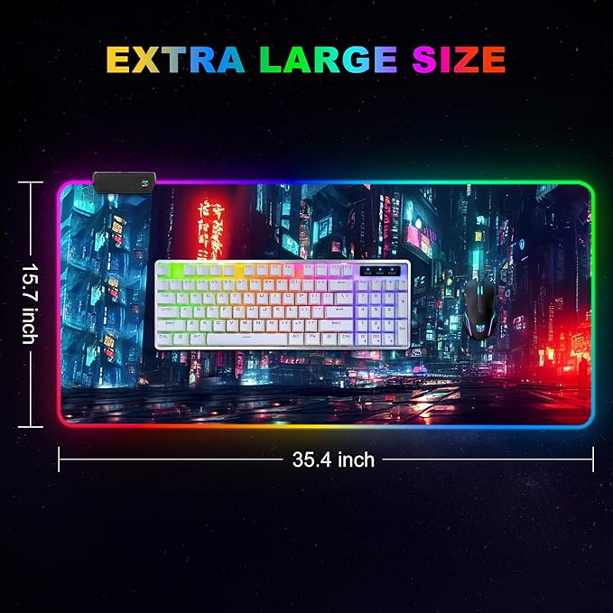 ARTSO RGB Gaming Mouse Pad Large Extended Soft Led Mouse Pad with 14 Lighting Modes 2 Brightness Water Resist Keyboard Pad Computer Mousepads Mat 35.4x15.7inch Night City