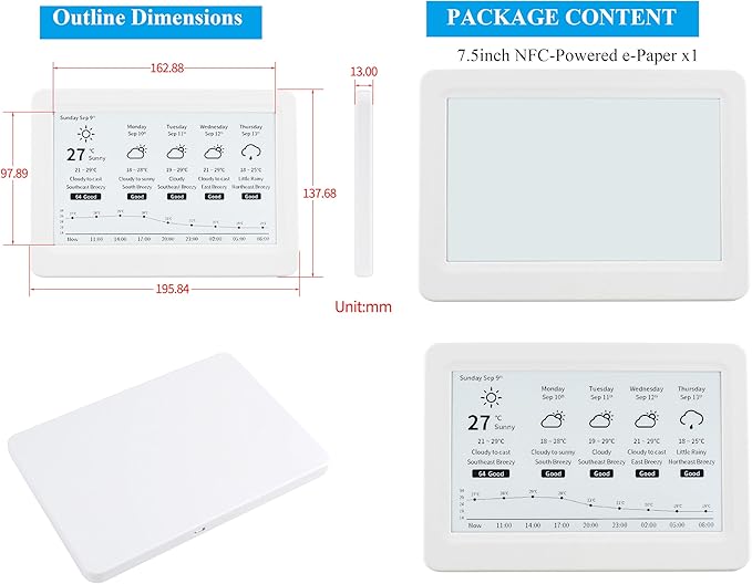 7.5inch Passive NFC-Powered e-Paper 800 x 480 Pixel ePaper Screen Adopts Novel Passive NFC Technology No Batte-ry Required No Messy Wiring Wire-Less Powering &amp Data Transfer