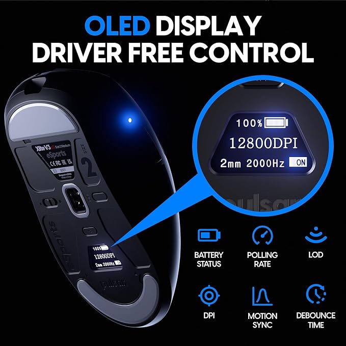 Pulsar Gaming Gears - Xlite V3 ES Wireless Gaming Mouse Ergonomic Optical Switch OLED Display Driverless PAW3395 Sensor 100H Battery 4K dongle Included (Medium Black) (Renewed)