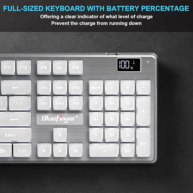 BlueFinger Wireless Gaming Keyboard and Mouse Combo Upgrade Battery Percentage Display Rechargeable Slim Gaming Keyboard Mouse Set Light Up Full-Size Keyboard Silent Mouse Set for Computer Laptop