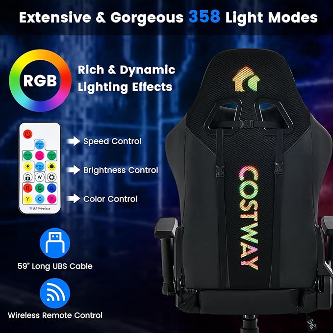 POWERSTONE Gaming Chair with RGB LED Lights Ergonomic Racing Computer Chair Adjustable Video Game Chair High Back Lumbar Support Gamer Chair for Adult Teen