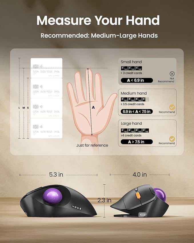 ProtoArc Wireless Bluetooth Trackball Mouse EM02 Two Adjustable Angle Ergonomic Rechargeable Computer Ball Mouse 3 Device Connection Thumb Control and Smooth Tracking for Laptop PC Mac-Purple