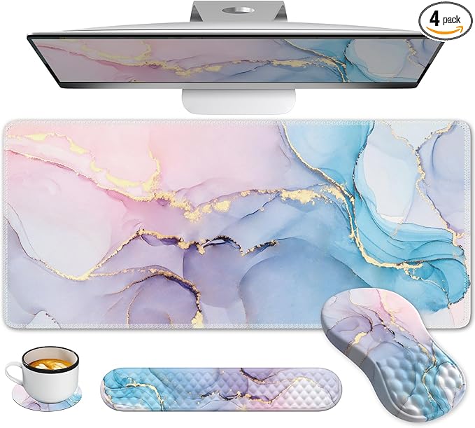 Desk Pad Mat Large Mouse Pad with Wrist Rest Ergonomic Keyboard and Mouse pad with Massage Design &amp Memory Foam Computer Mouse Pad for Home Office Study Game Pink Blue Marble