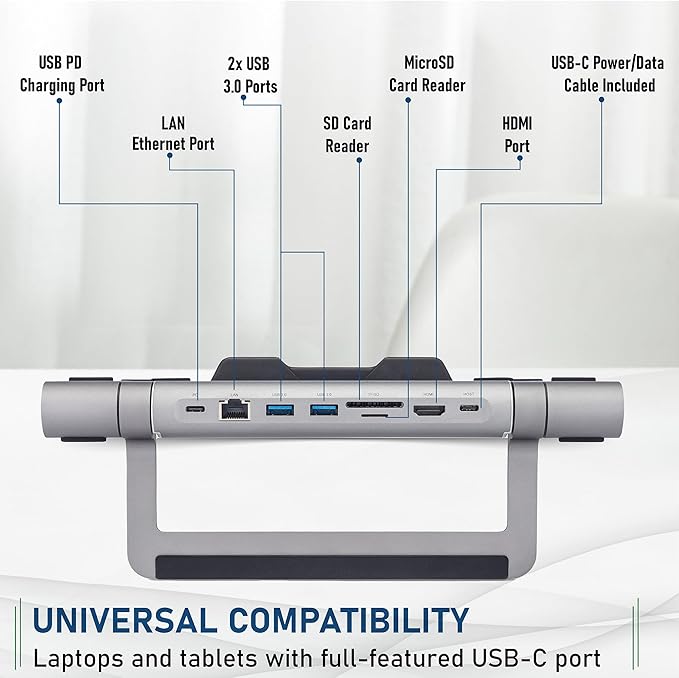 ClearClick 6-in-1 USB-C Portable Docking Station &amp Laptop Stand - 2X USB 3.0 Ports HDMI LAN Ethernet SD Card Reader MicroSD Card Reader USB PD Charging