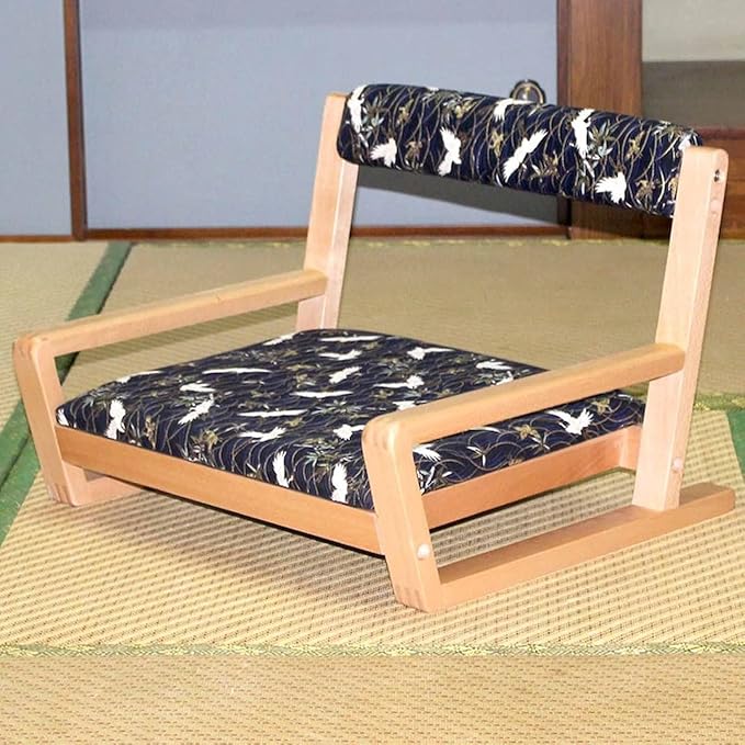BTZHY Floor Chair Wooden Tatami Floor Chair with Backrest and Armrests Meditation Floor Chair Living Room Floor Chair Portable Legless Chair(Blue Crane)