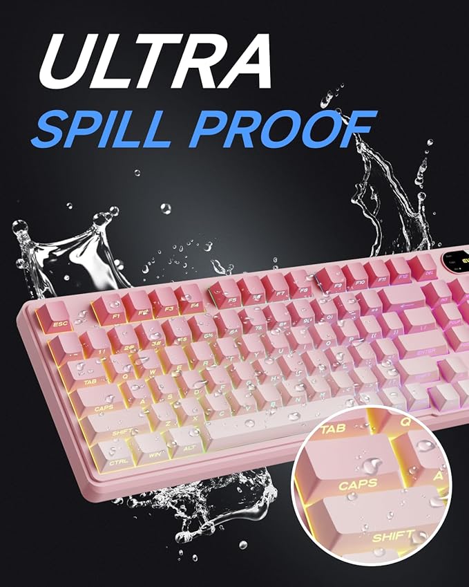 V102 Wired Keyboard 98 Keys Creamy Gaming Keyboard with Number Pad Display Screen &amp Media Knob RGB Silent Wired Cute Computer Keyboard for Laptop PC Gamer - Gradient Pink