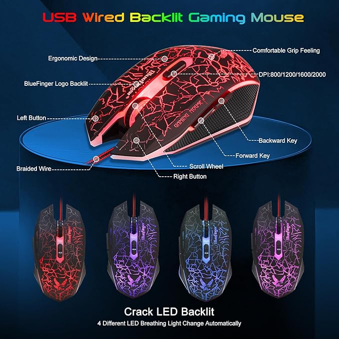 BlueFinger Gaming Keyboard Mouse Headset Combo USB Wired Crack Backlit114 Keys Letters Glow LED Keyboard Red LED Light Headset for Laptop PC Computer Work and Game