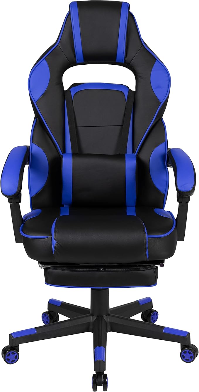 EMMA + OLIVER Black/Blue Ergonomic Gaming Chair -Recline Back/Arms Footrest Massaging Lumbar