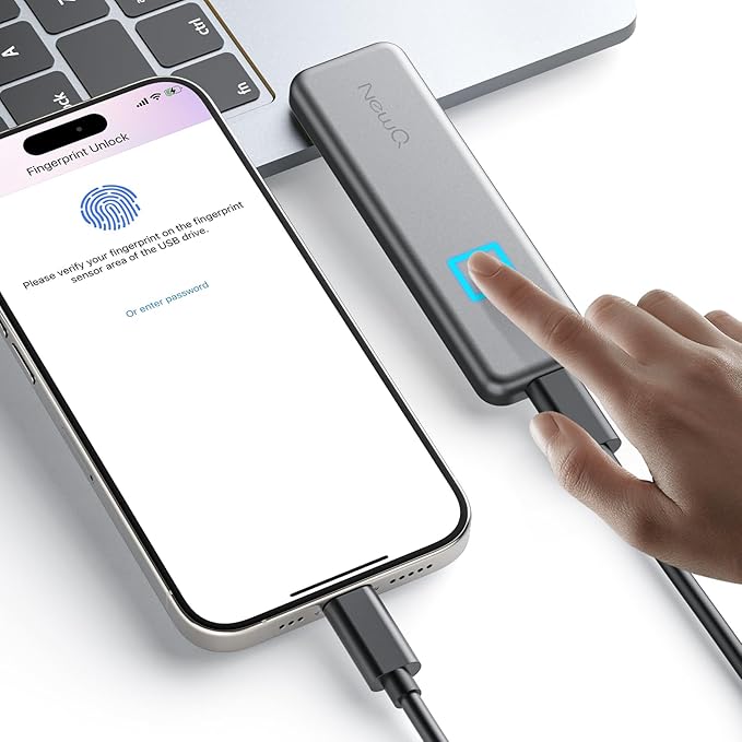 NEWQ 1TB Touch Portable SSD for USB C Device (with No-Cost APP) Backup Encryption Fingerprint External SSD for iPhone 17/16/15 Android Mac/Win Laptop (Not for iPhones/iPad with Lightning Port)