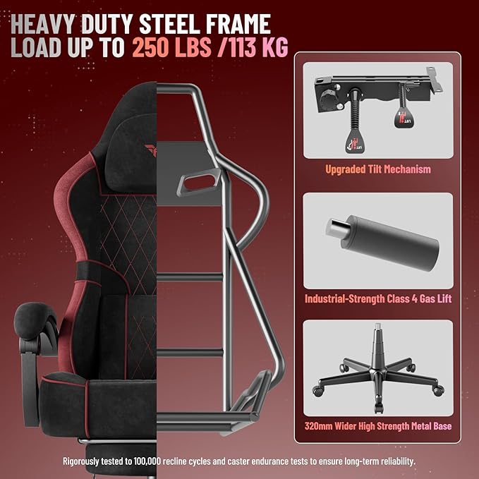 Ferghana Velvet Fabric Ergonomic Gaming Chair with Footrest and Linkage Armrest High Back Computer Game Chair with Massage Lumbar Support for Adult(Black/Red)