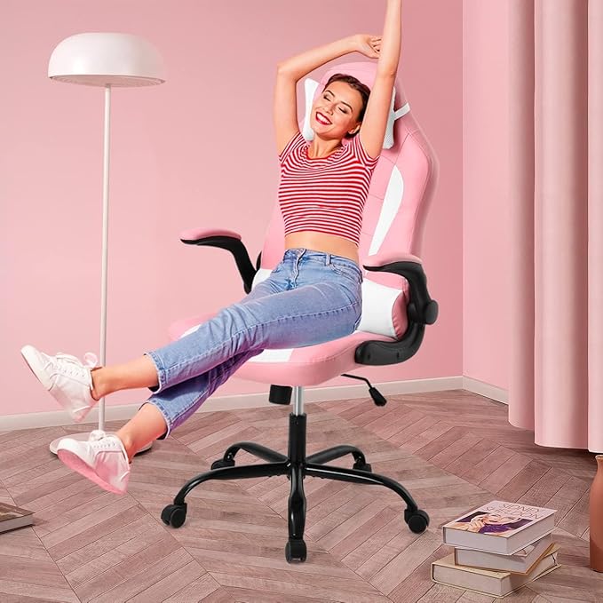 PC Gaming Chair Nice Cute Pink Chair Desk Chair Home Office Chair Swivel Rolling Adjustable Best Video Game Chair Lumbar Support Flip Up Arms Headrest Ergonomic Racing Heavy Duty Chair