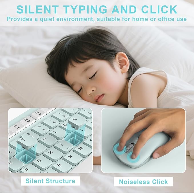 Wireless Keyboard and Mouse Combo Full-Sized Wireless Keyboard and Adjustable DPI Mouse 2.4GHz USB Receiver Keyboard and Mouse for PC Windows Desktop Laptop (Mint Green and White)