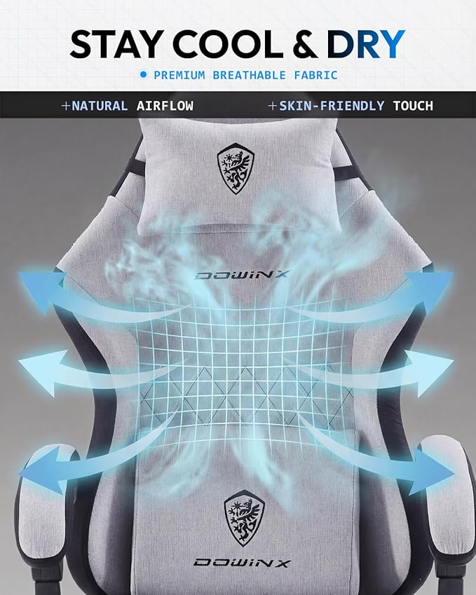 Dowinx Gaming Chair Fabric Gaming Chairs for Adults with Pocket Spring Cushions and Lumbar Support Ergonomic Massage Computer Chair with Footrest for Big and Tall Gray