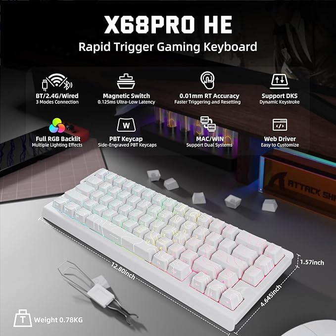 ATTACK SHARK X11 &amp X68 PRO HE Wireless Gaming ComboRapid Trigger Hall Effect Magnetic Switch 8K KeyboardUltra-Light 22K DPI PAW3311 Optical Sensor MouseRGB Backlit Tri-Mode with Coiled Cable-Wh