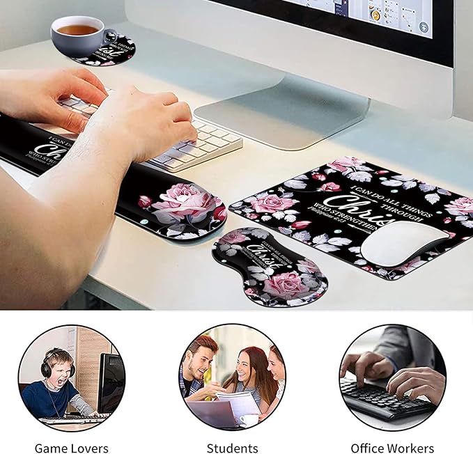 Mouse Pad with Wrist Rest+Keyboard Wrist Rest+Coaster All in One Mouse Pad Set of 4 for Easy Typing Pain Relief RYUITHDJP Memory Foam Wrist Support for Office Home Inspirational Quote Christian