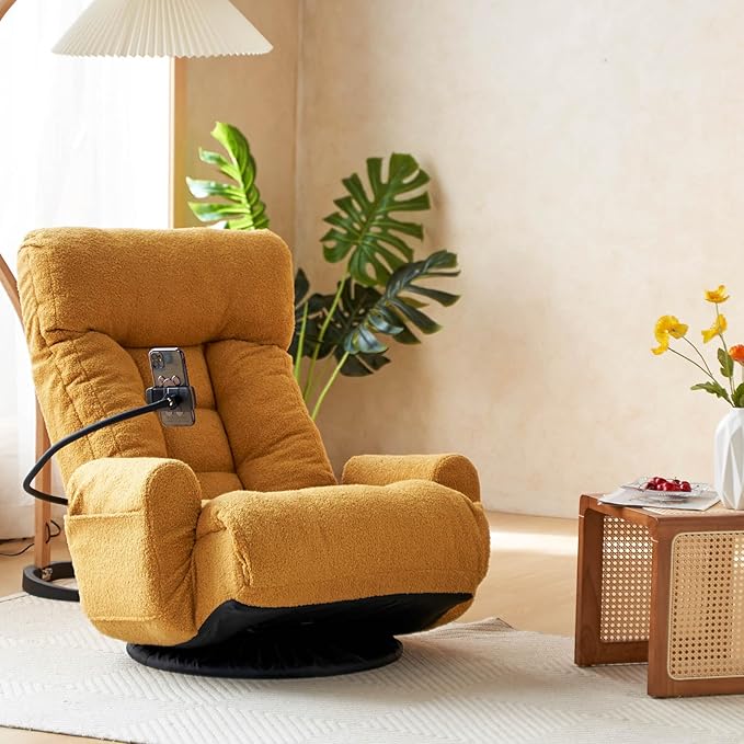 360° Swivel Gaming Floor Chair - 3 Position Adjustable Ergonomic Design with Armrests &amp Phone Holder Perfect for Teens &amp Adults (Yellow)